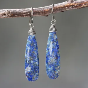 Lapis lazuli teardrop faceted earrings with silver wire wrapped on oxidized sterling silver hooks style