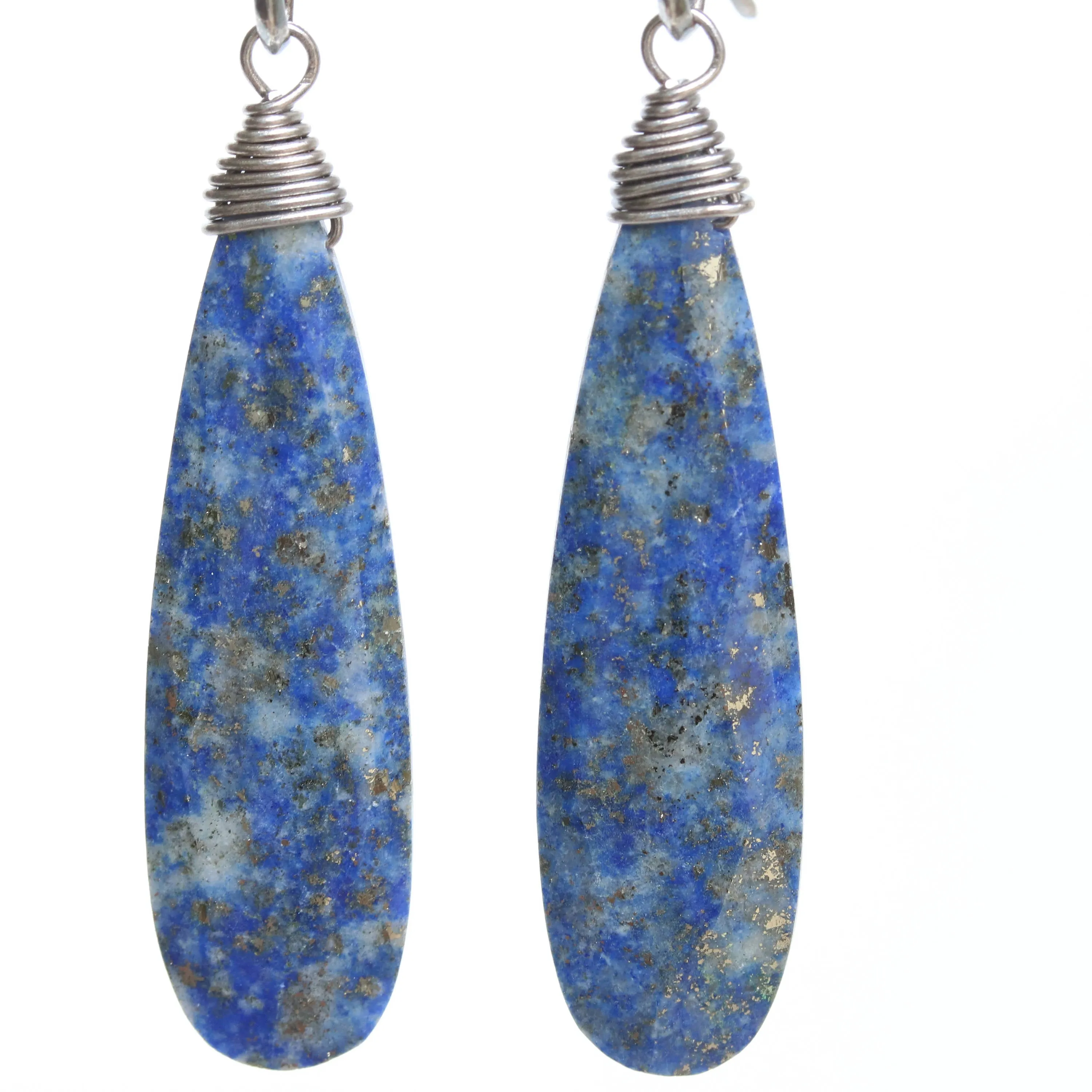 Lapis lazuli teardrop faceted earrings with silver wire wrapped on oxidized sterling silver hooks style