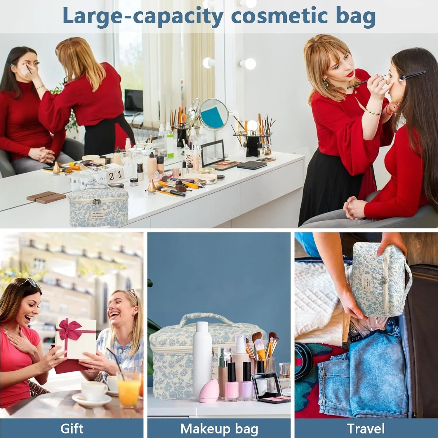 Large Makeup Bag, Cute Cosmetic Bag for Women Girls, Floral Coquette Aesthetic Toiletry Bag, Travel Make up Organizer Bag (BDLH)