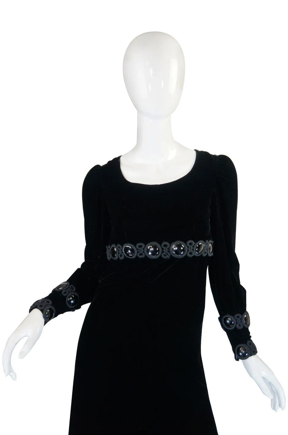Late 1960s Miss Dior Velvet Midi Dress w Large Bead and Cord Detailing