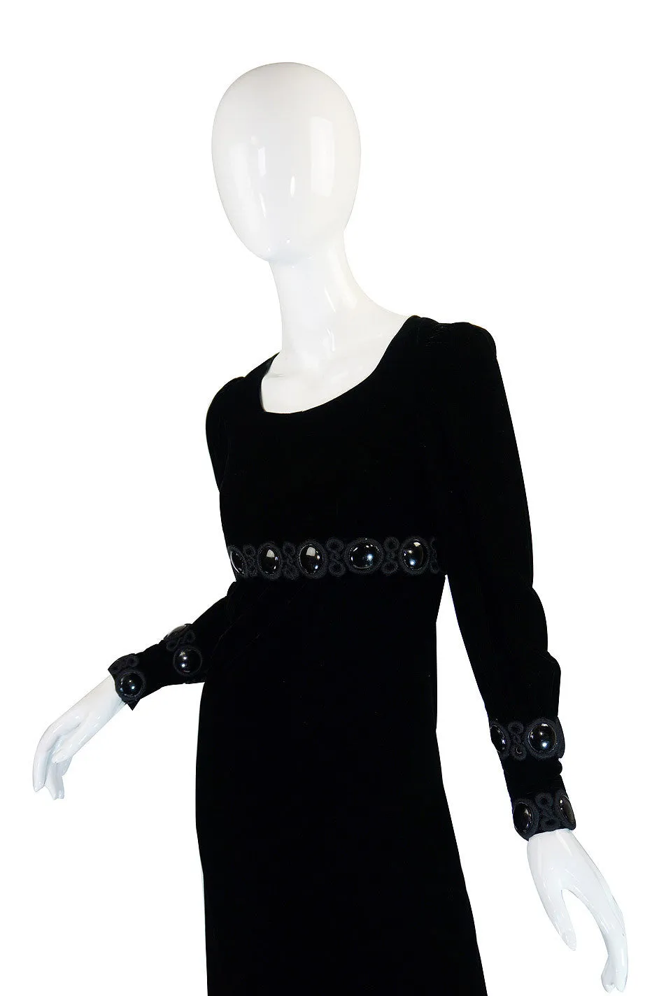 Late 1960s Miss Dior Velvet Midi Dress w Large Bead and Cord Detailing