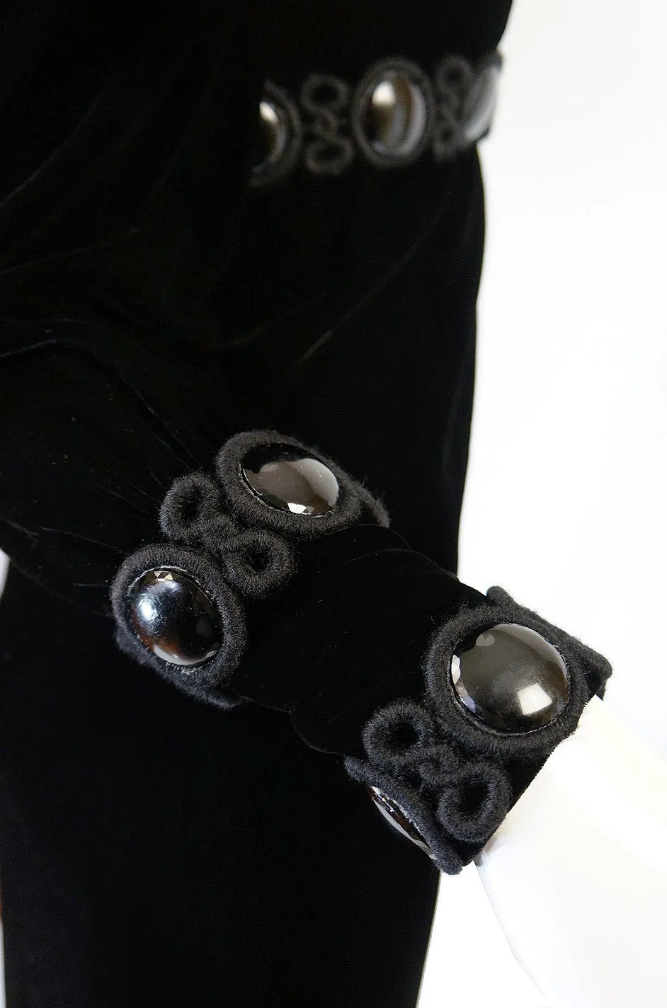 Late 1960s Miss Dior Velvet Midi Dress w Large Bead and Cord Detailing