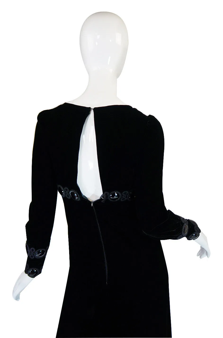 Late 1960s Miss Dior Velvet Midi Dress w Large Bead and Cord Detailing
