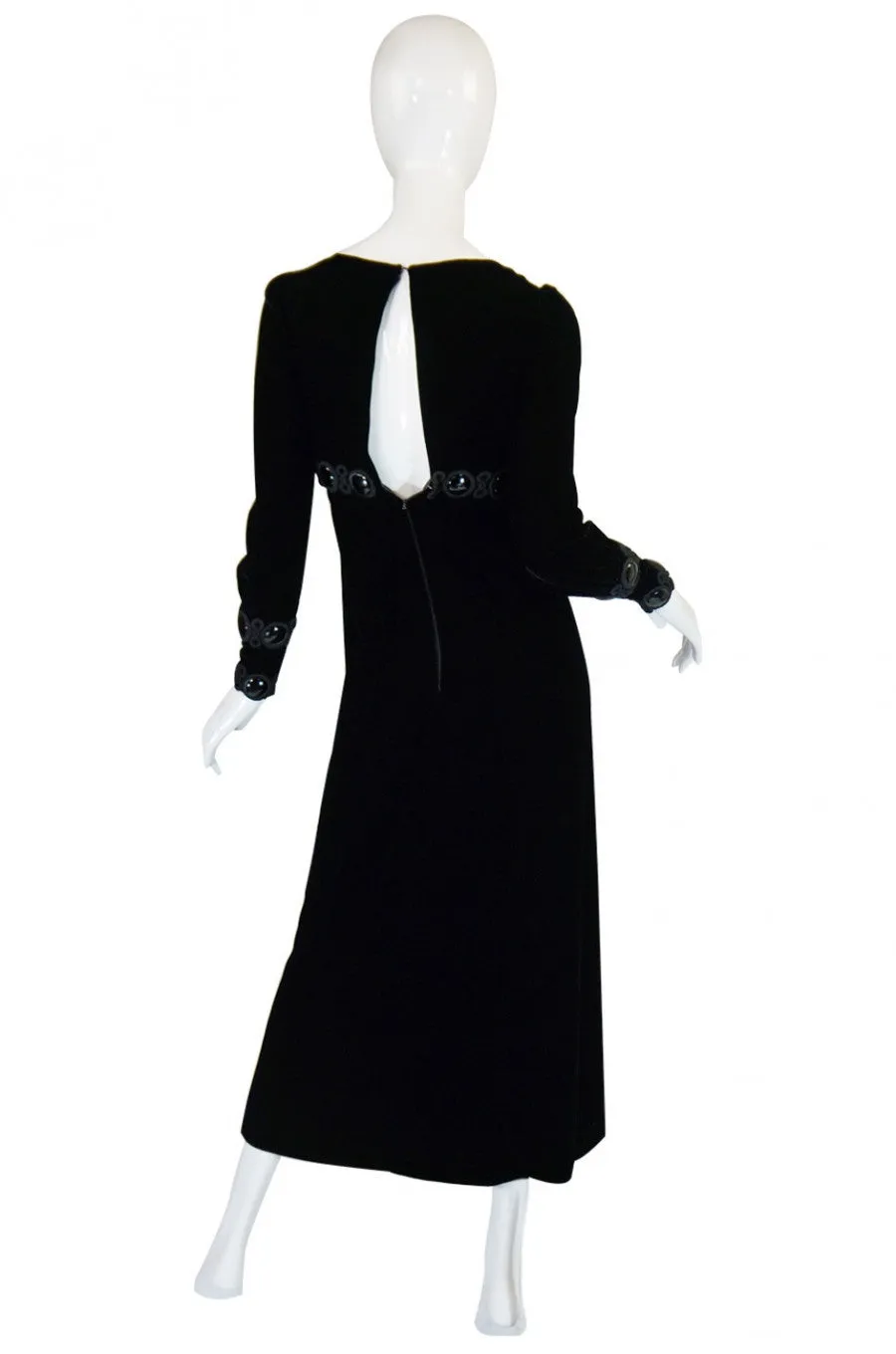 Late 1960s Miss Dior Velvet Midi Dress w Large Bead and Cord Detailing