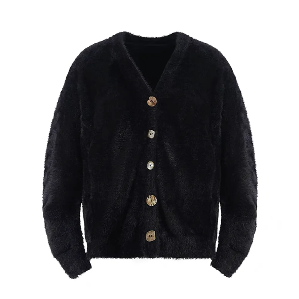 Lazy Style Solid Color Seahorse Hair Cardigan Sweater