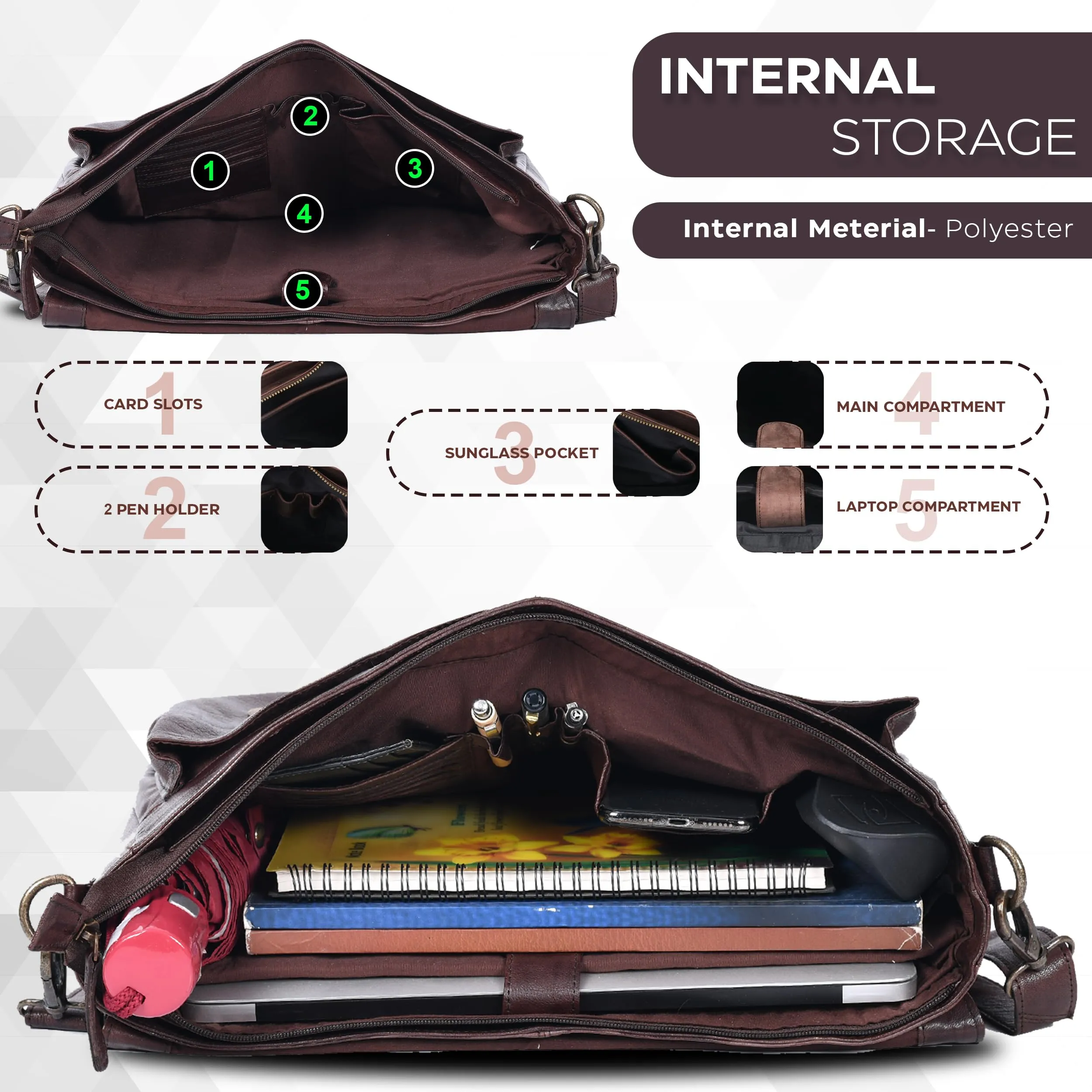Lightweight Leather Bags For Office And College | For Men | Multiple Compartments | Multipurpose Brown Messenger Bags