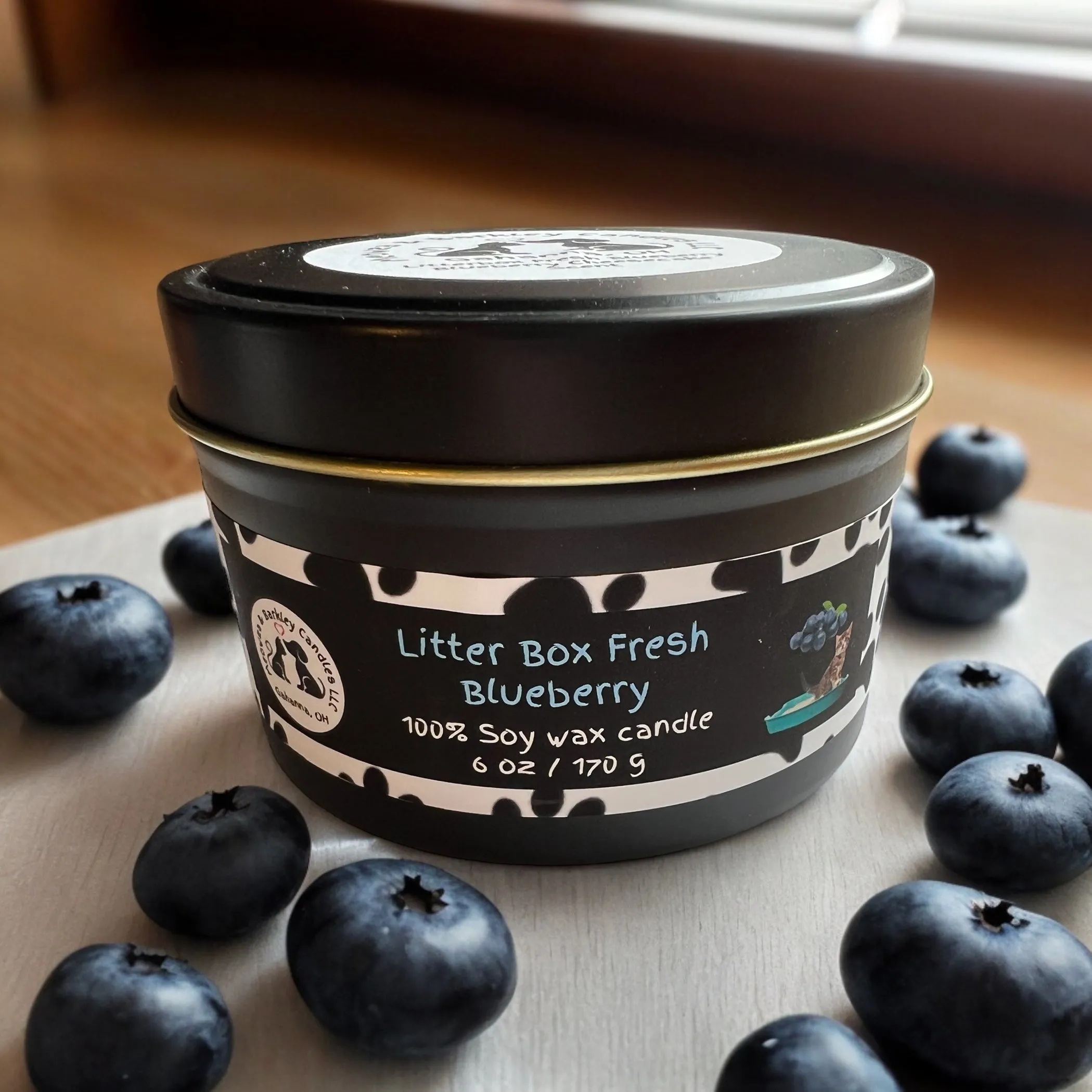 Litter Box Fresh Blueberry Tin Two Wick Soy Candle - Blueberry Cheesecake Scent