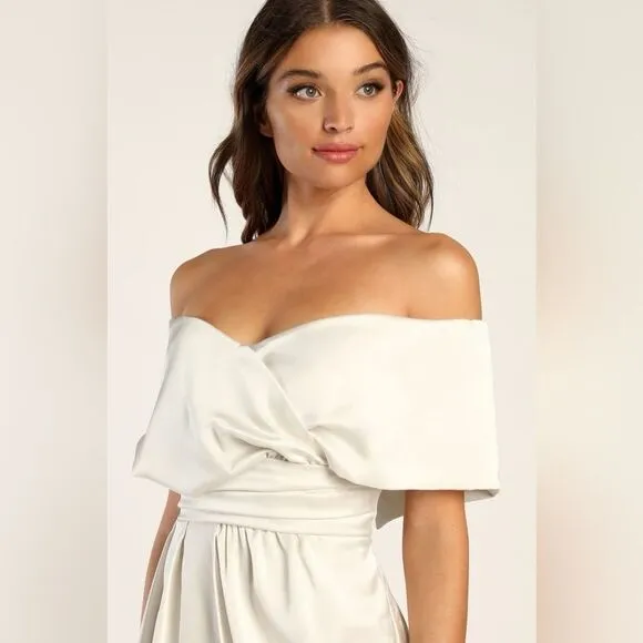 Lulus Always Celebrating Ivory Satin Off-the-Shoulder Mini Dress Size Small NEW