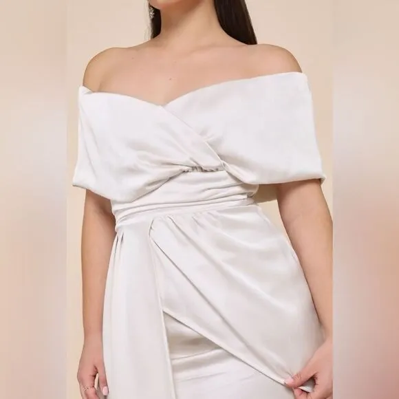 Lulus Always Celebrating Ivory Satin Off-the-Shoulder Mini Dress Size Small NEW