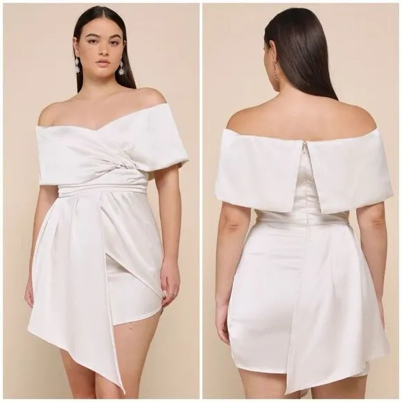 Lulus Always Celebrating Ivory Satin Off-the-Shoulder Mini Dress Size Small NEW