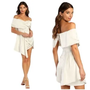 Lulus Always Celebrating Ivory Satin Off-the-Shoulder Mini Dress Size Small NEW