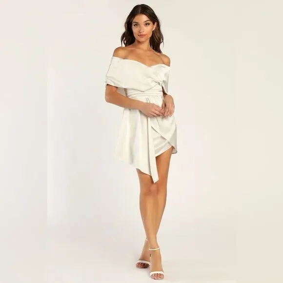 Lulus Always Celebrating Ivory Satin Off-the-Shoulder Mini Dress Size Small NEW