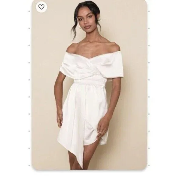 Lulus Always Celebrating Ivory Satin Off-the-Shoulder Mini Dress Size Small NEW