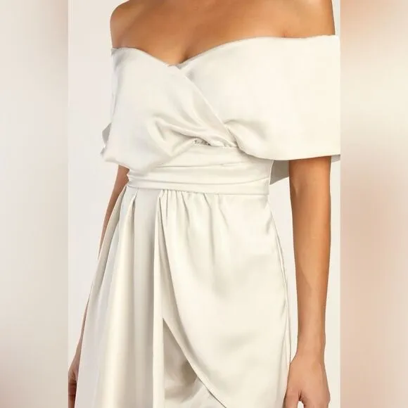 Lulus Always Celebrating Ivory Satin Off-the-Shoulder Mini Dress Size Small NEW