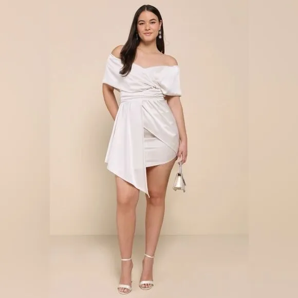 Lulus Always Celebrating Ivory Satin Off-the-Shoulder Mini Dress Size Small NEW