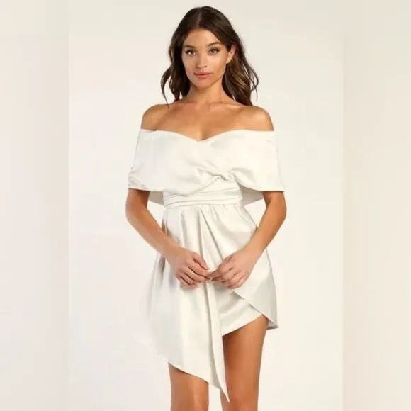 Lulus Always Celebrating Ivory Satin Off-the-Shoulder Mini Dress Size Small NEW