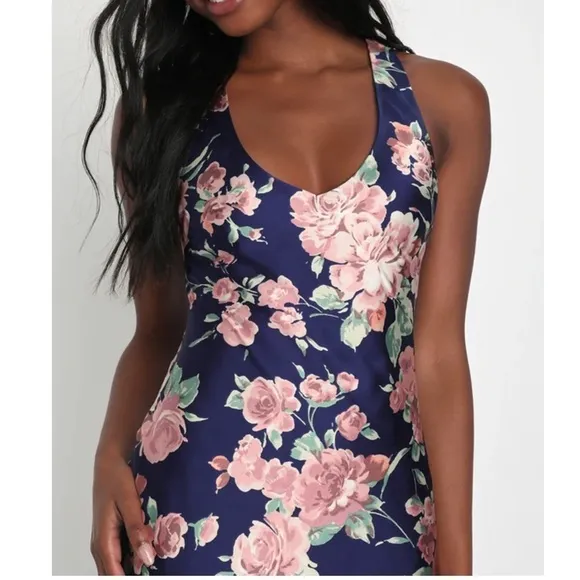 Lulu’s Stunning Blossom navy blue floral satin backless maxi dress Size Small