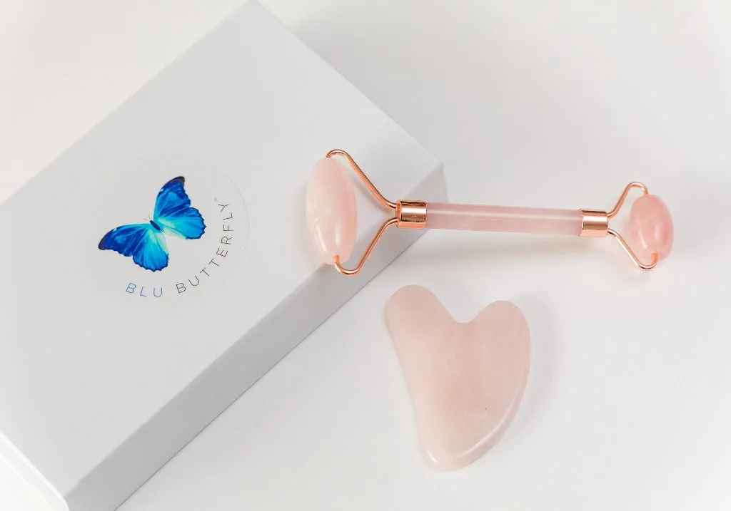 Luxe Rose Quartz and Rose Gold Face Roller and Gua Sha Stone Set