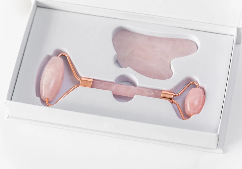 Luxe Rose Quartz and Rose Gold Face Roller and Gua Sha Stone Set