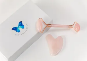 Luxe Rose Quartz and Rose Gold Face Roller and Gua Sha Stone Set