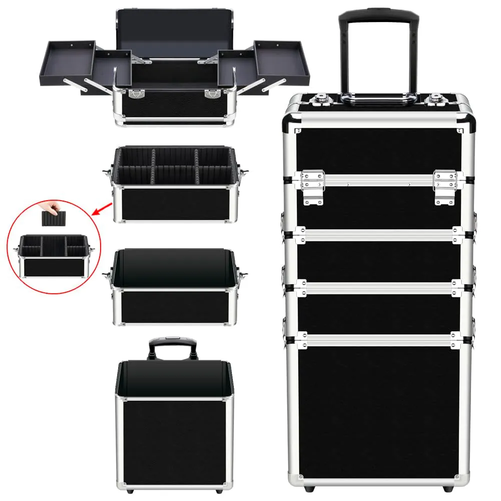 Makeup Train Case 4 in 1 Professional Cosmetics Rolling Organizer Aluminum Frame and Folding Trays