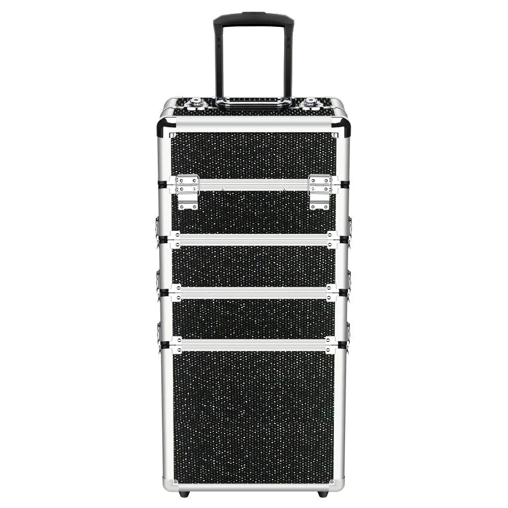 Makeup Train Case 4 in 1 Professional Cosmetics Rolling Organizer Aluminum Frame and Folding Trays