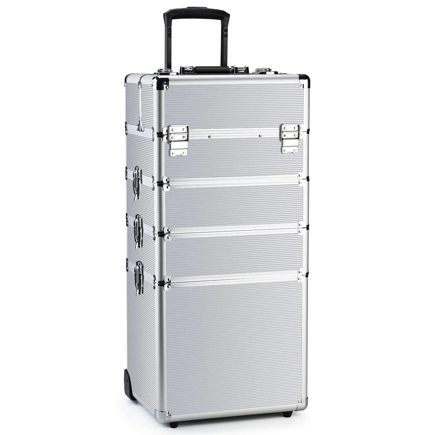 Makeup Train Case 4 in 1 Professional Cosmetics Rolling Organizer Aluminum Frame and Folding Trays