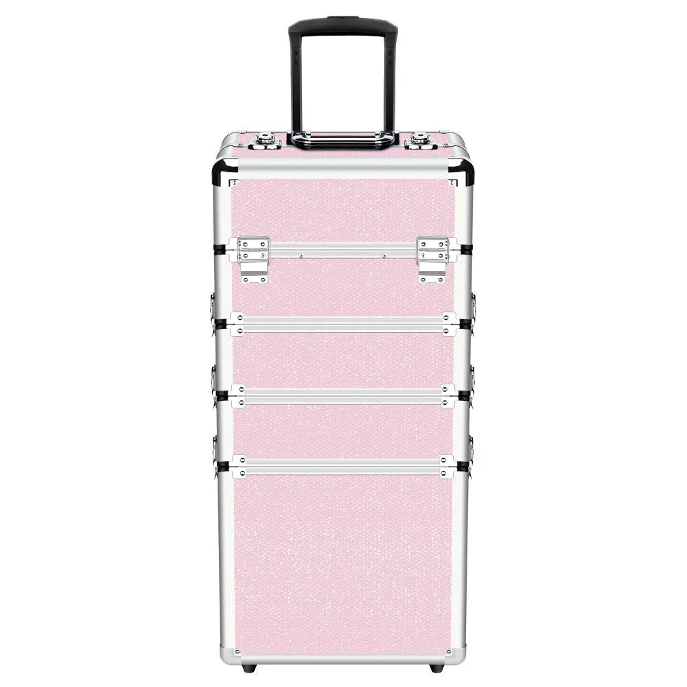 Makeup Train Case 4 in 1 Professional Cosmetics Rolling Organizer Aluminum Frame and Folding Trays