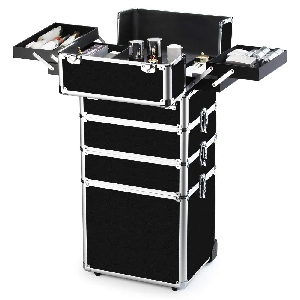 Makeup Train Case 4 in 1 Professional Cosmetics Rolling Organizer Aluminum Frame and Folding Trays