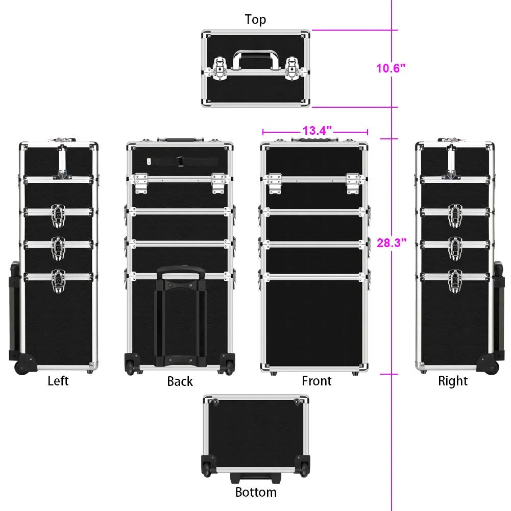 Makeup Train Case 4 in 1 Professional Cosmetics Rolling Organizer Aluminum Frame and Folding Trays