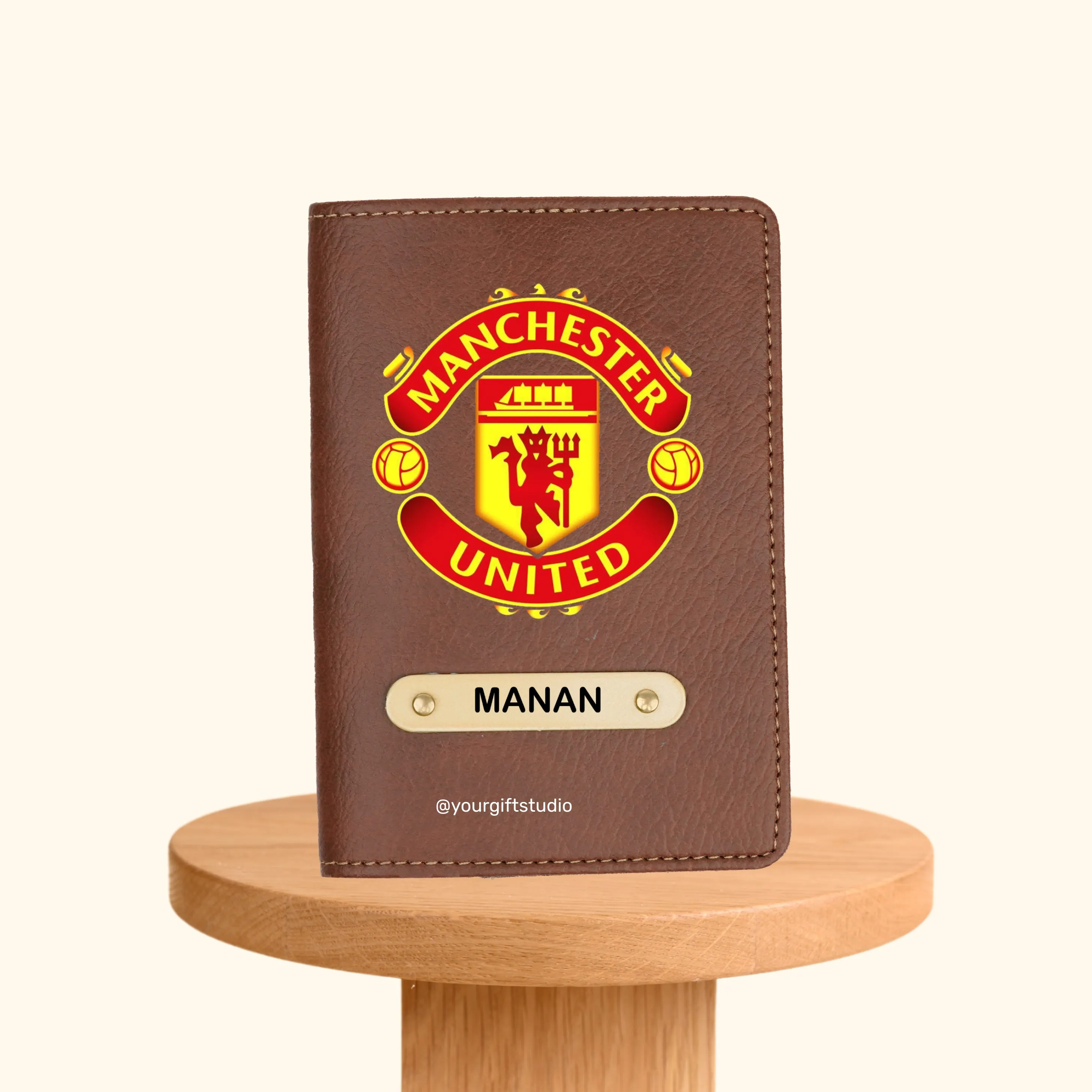 Manchester United Print Personalised Nexon Passport Cover - Brown