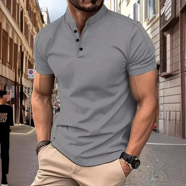 MEN'S CASUAL STAND COLLAR WAFFLE SLIM FIT SHORT SLEEVE T-SHIRT
