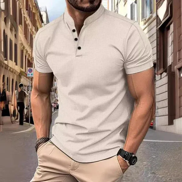 MEN'S CASUAL STAND COLLAR WAFFLE SLIM FIT SHORT SLEEVE T-SHIRT