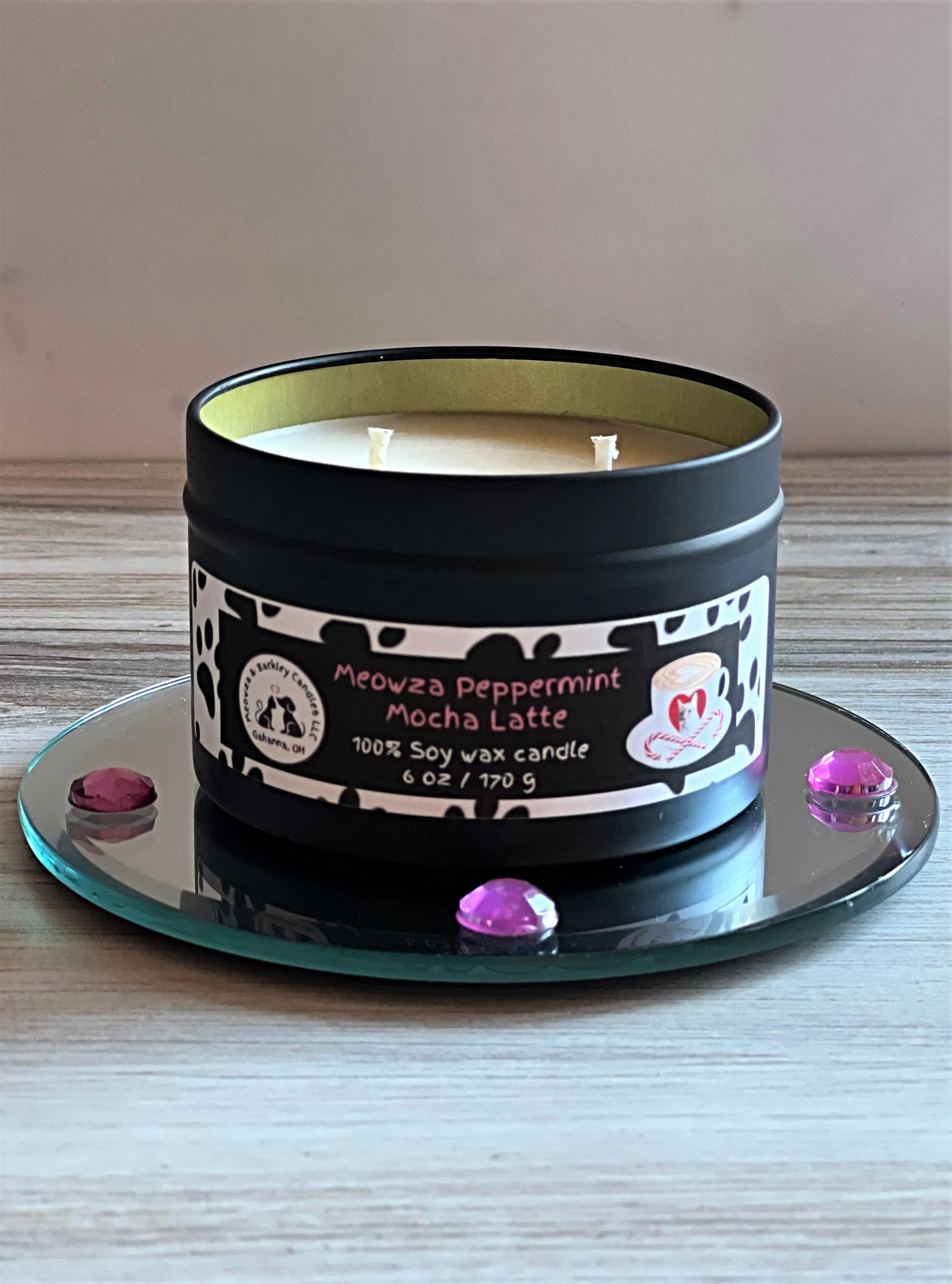 Meowza Peppermint Mocha Latte - Medium Tin Two Wick Soy Candle - Peppermint Mocha Scent