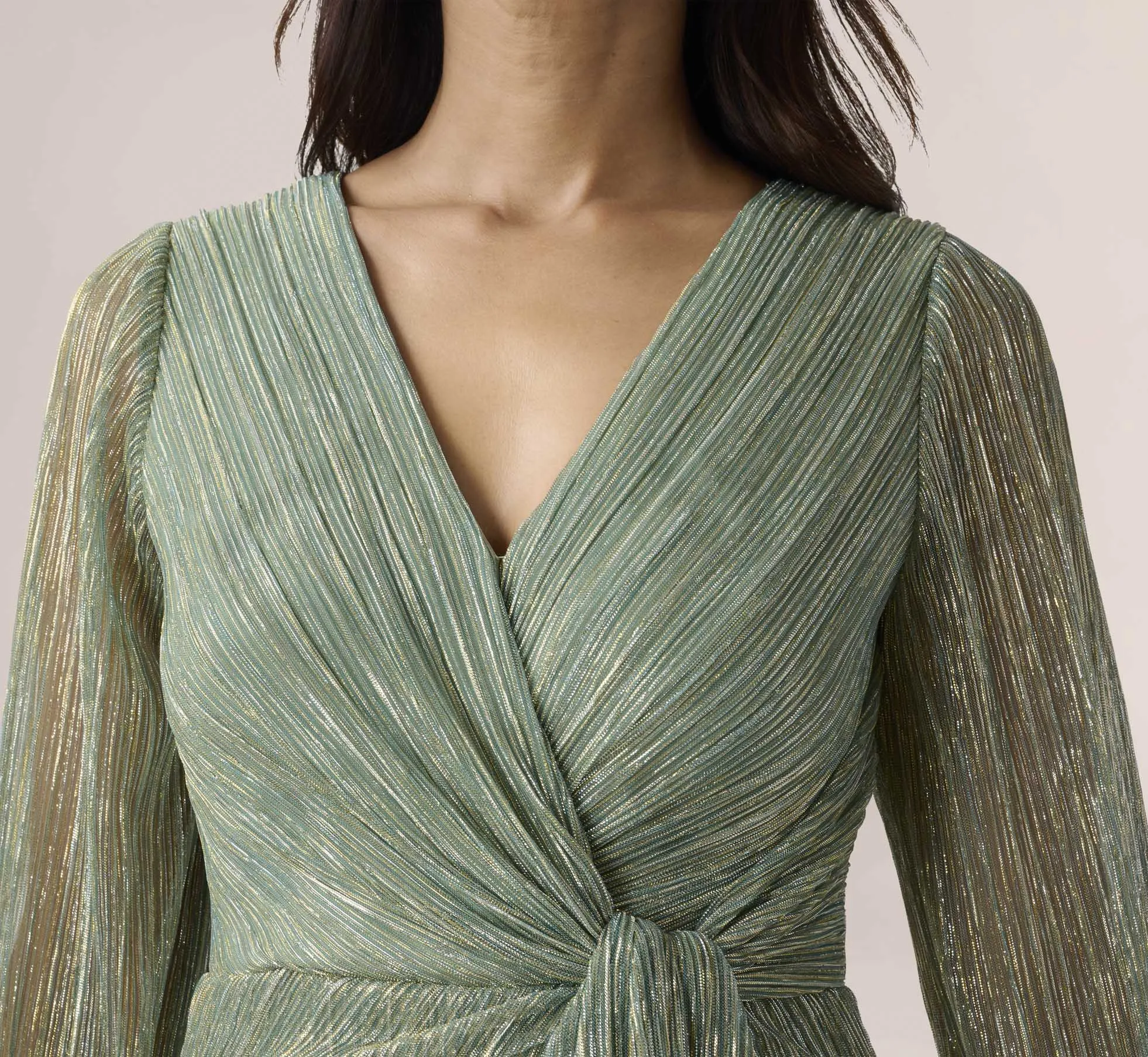 Metallic Crinkled Mesh Draped Long Gown In Green Slate