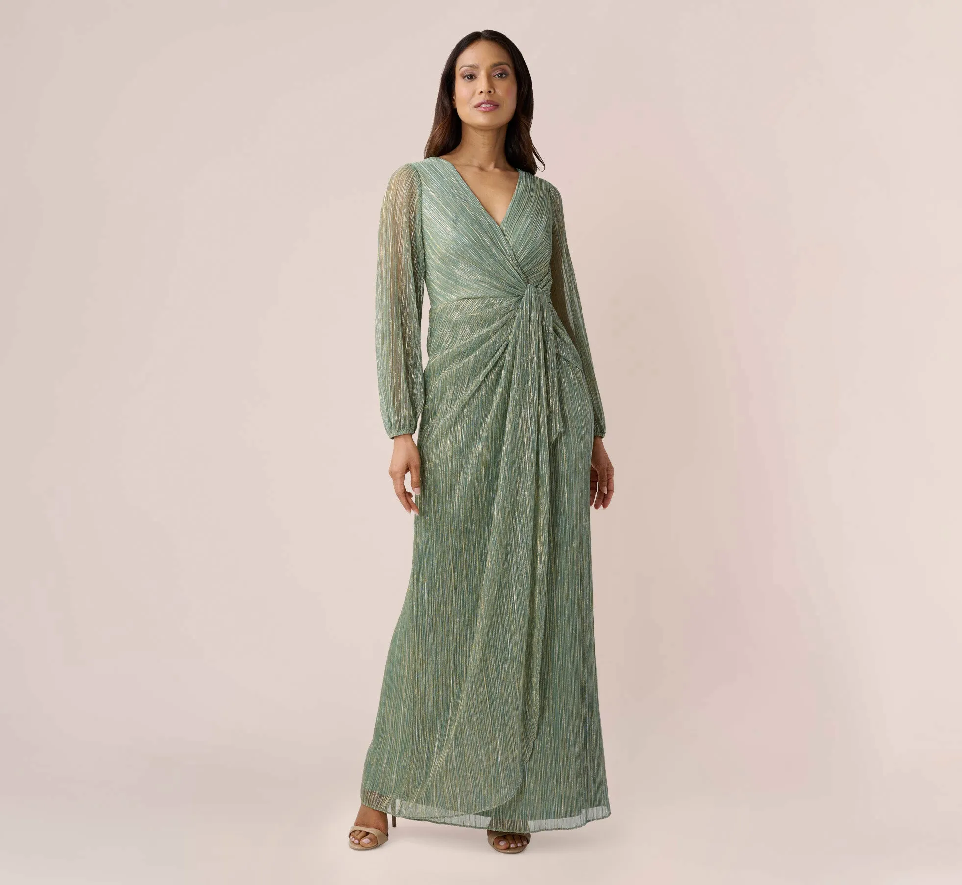 Metallic Crinkled Mesh Draped Long Gown In Green Slate