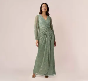 Metallic Crinkled Mesh Draped Long Gown In Green Slate