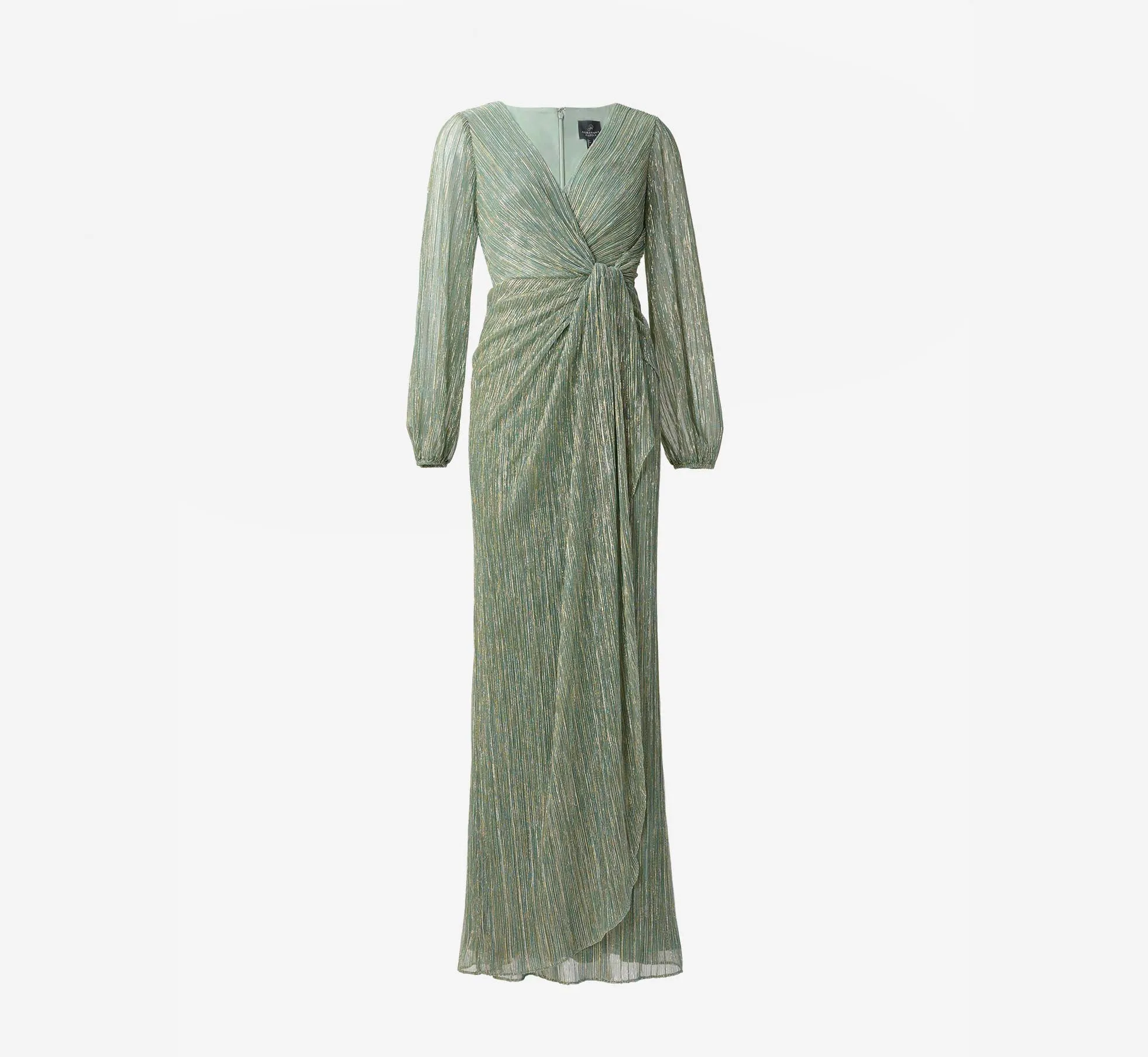 Metallic Crinkled Mesh Draped Long Gown In Green Slate