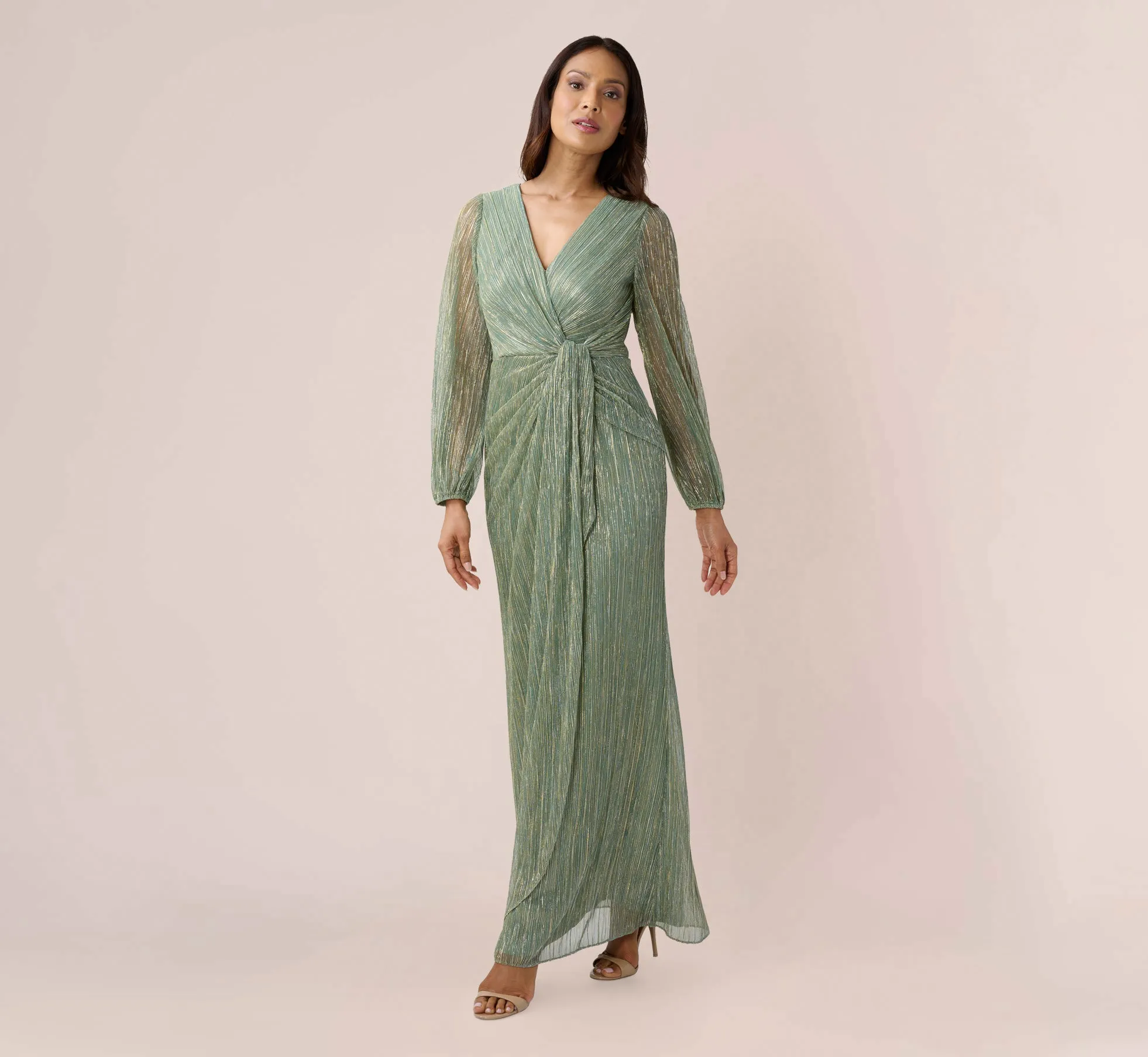 Metallic Crinkled Mesh Draped Long Gown In Green Slate