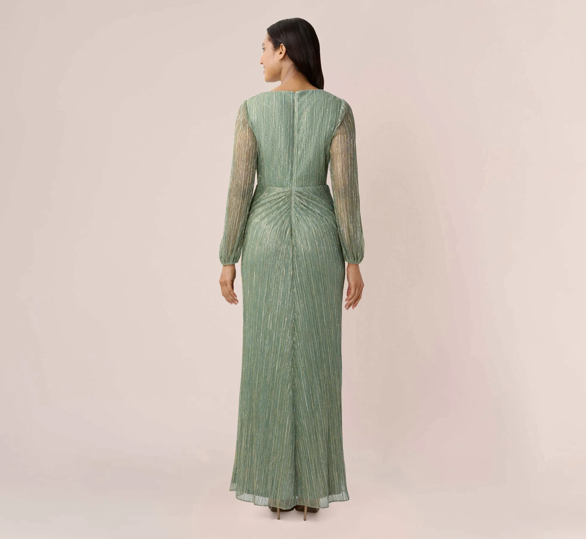 Metallic Crinkled Mesh Draped Long Gown In Green Slate