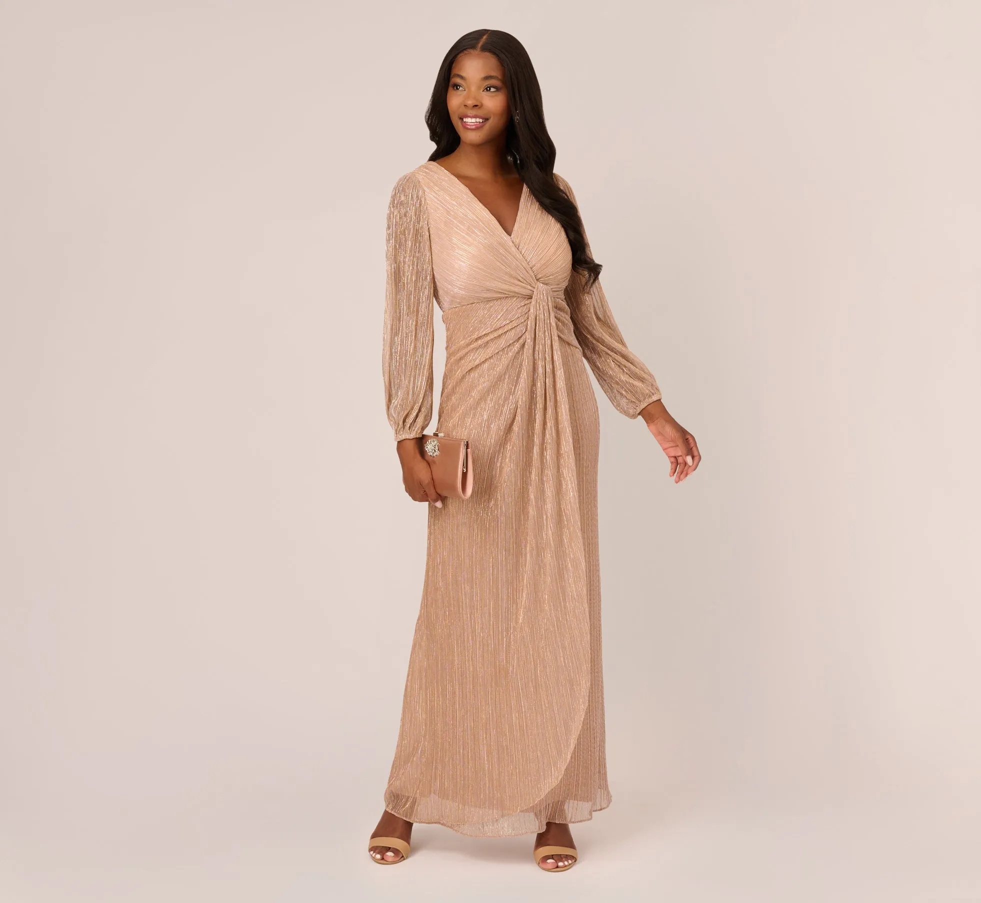 Metallic Crinkled Mesh Draped Long Gown In Light Gold