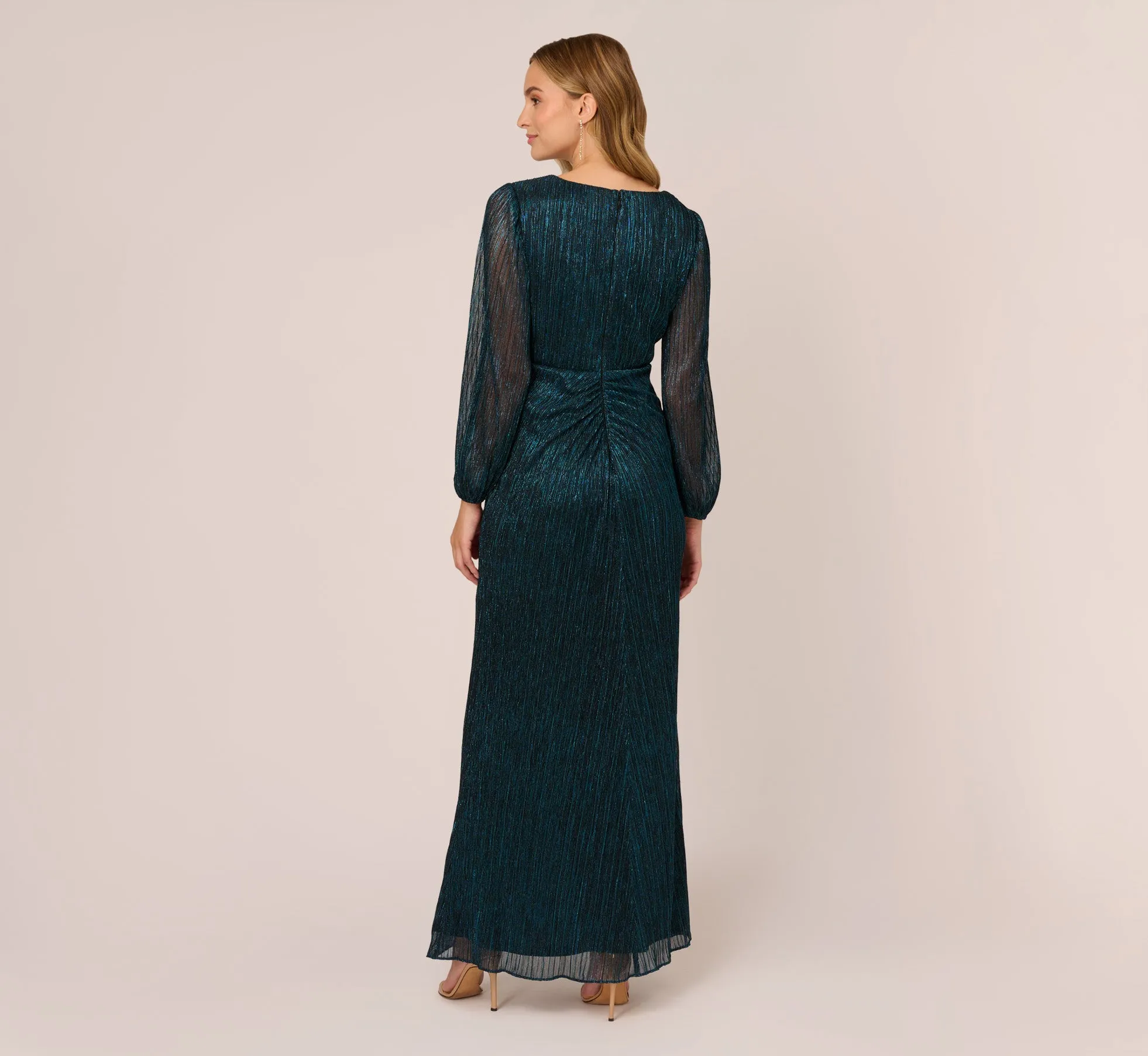 Metallic Crinkled Mesh Draped Long Gown In Teal Sapphire