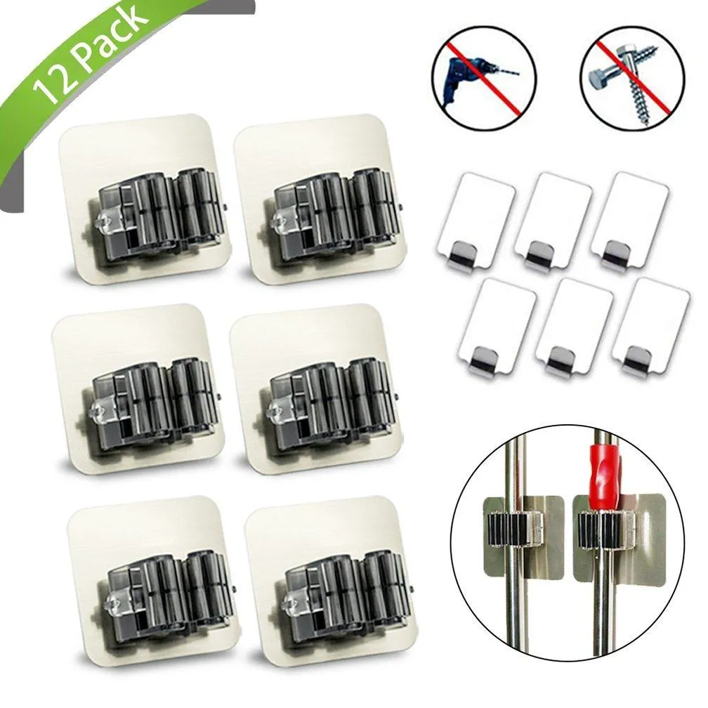 Mop and Broom Holder, (12 Pack)XiaoXiMi 6 Pack Broom Mop Holder   6 Pack Adhesive Hook, No Drilling Wall Mounted Self Adhesive Tools Ideal Broom Hanger Stainless Steel Waterproof Hanger for Your Home