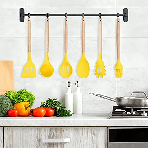 mossFlos Kitchen Cooking Utensils Set, 12 pcs Non-Stick Silicone Cooking Kitchen Utensils with Holder, Heat Resistant Kitchen Gadgets Utensil Set,Yellow