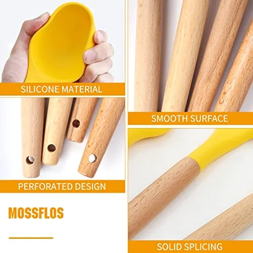 mossFlos Kitchen Cooking Utensils Set, 12 pcs Non-Stick Silicone Cooking Kitchen Utensils with Holder, Heat Resistant Kitchen Gadgets Utensil Set,Yellow