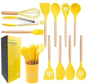 mossFlos Kitchen Cooking Utensils Set, 12 pcs Non-Stick Silicone Cooking Kitchen Utensils with Holder, Heat Resistant Kitchen Gadgets Utensil Set,Yellow
