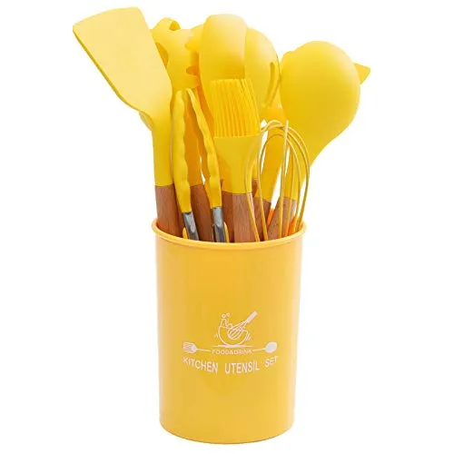 mossFlos Kitchen Cooking Utensils Set, 12 pcs Non-Stick Silicone Cooking Kitchen Utensils with Holder, Heat Resistant Kitchen Gadgets Utensil Set,Yellow