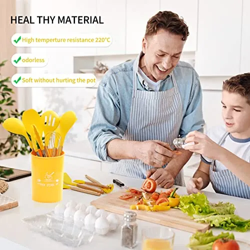 mossFlos Kitchen Cooking Utensils Set, 12 pcs Non-Stick Silicone Cooking Kitchen Utensils with Holder, Heat Resistant Kitchen Gadgets Utensil Set,Yellow