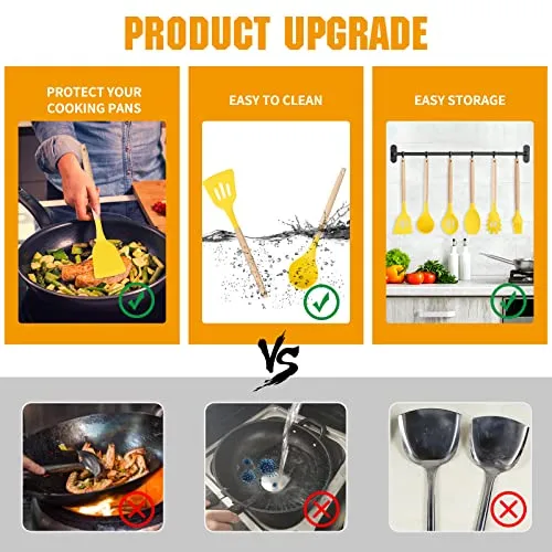 mossFlos Kitchen Cooking Utensils Set, 12 pcs Non-Stick Silicone Cooking Kitchen Utensils with Holder, Heat Resistant Kitchen Gadgets Utensil Set,Yellow