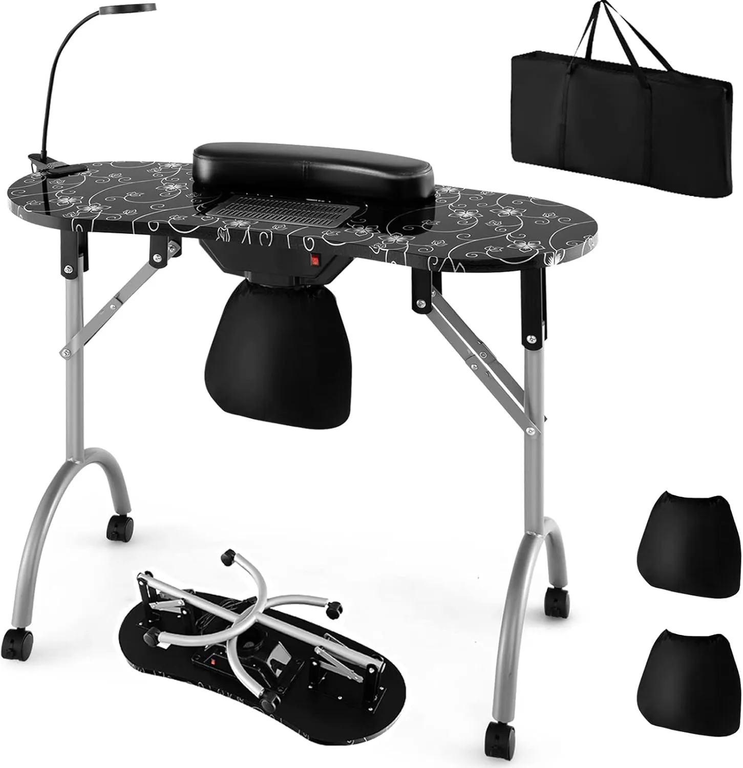 Nail Table for Nail Tech, Portable Manicure Table with Electric Dust Collector, Usb-Plug LED Lamp, Wrist Rest, 4 Lockable Wheels, Foldable Nail Desk with Carry Bag (Pink)
